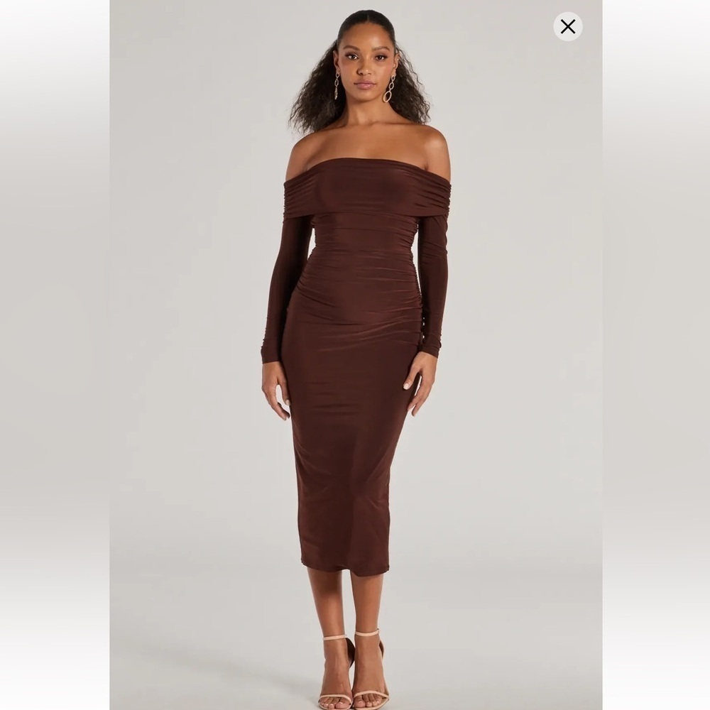 NWT windsor Casual Affair Long Sleeve Ruched Midi Dress brown size S